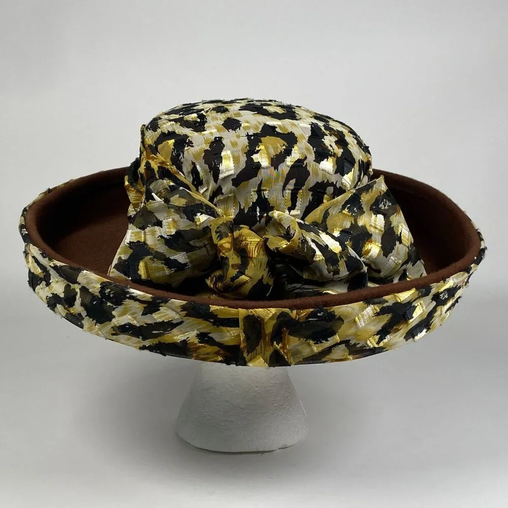 Sonni San Francisco Wool Felt Wide Brim Ladies Hat Leopard Print Ribbon Bow